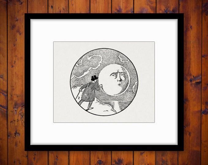 Printable Graphic Antique Man and Moon Download Digital Image Illustration Vintage Clip Art Jpg Png Eps HQ 300dpi No.1933