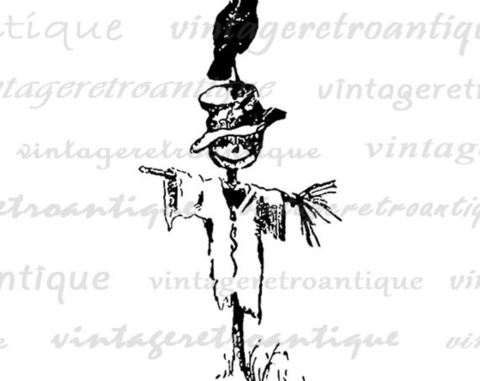 Scarecrow Digital Printable Graphic Crow Bird Image Download Antique Clip Art Jpg Png Eps HQ 300dpi No.164