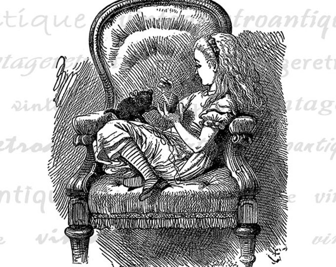 Digital Printable Alice and Kitten in Chair Graphic Alice in Wonderland Download Cat Image Jpg Png Eps HQ 300dpi No.214