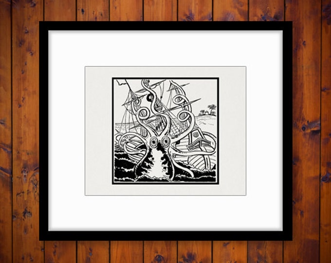 Octopus Image Digital Printable Kraken Attacking Ship Download Ocean Graphic Antique Clip Art Jpg Png Eps HQ 300dpi No.2006