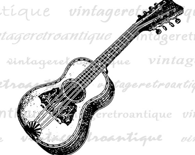 Little Acoustic Guitar Digital Printable Download Illustration Image Graphic Vintage Clip Art Jpg Png Eps HQ 300dpi No.1208