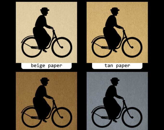 Lady Riding Bicycle Silhouette Printable Image Graphic Woman on Bike Download Digital Artwork Vintage Clip Art HQ 300dpi No.3241