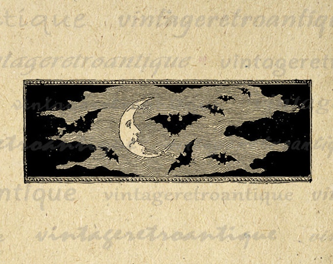 Bats and Moon Graphic Printable Download Image Digital Illustration Vintage Clip Art Jpg Png Eps HQ 300dpi No.4196