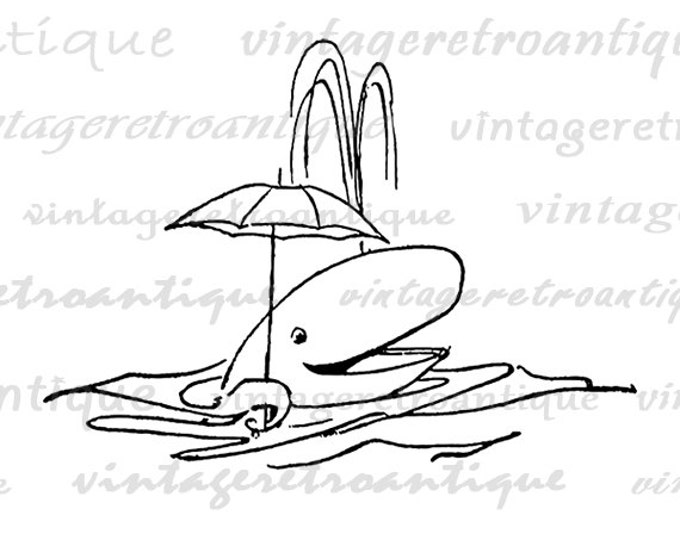 Printable Cute Whale with Umbrella Graphic Digital Download Image Antique Clip Art Jpg Png Eps HQ 300dpi No.1814