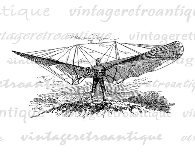 Digital Graphic Man with Flying Contraption Image Download Printable Antique Clip Art for Transfers Printing etc HQ 300dpi No.3341