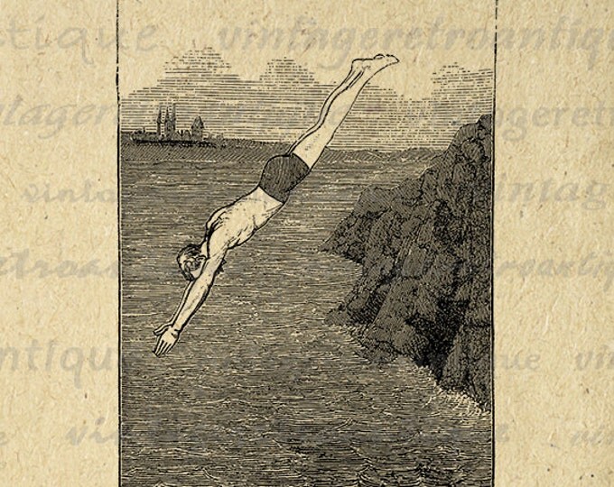 Digital Diver Image Graphic Diving Download Printable Illustration Antique Clip Art for Transfers Making Prints etc HQ 300dpi No.4139