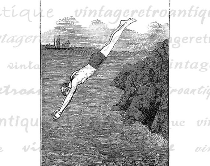 Digital Diver Image Graphic Diving Download Printable Illustration Antique Clip Art for Transfers Making Prints etc HQ 300dpi No.4139