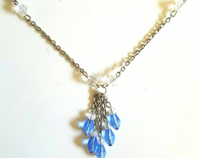 Blue White Clear Crystal Beaded Chain Dangle Rain Drop Necklace