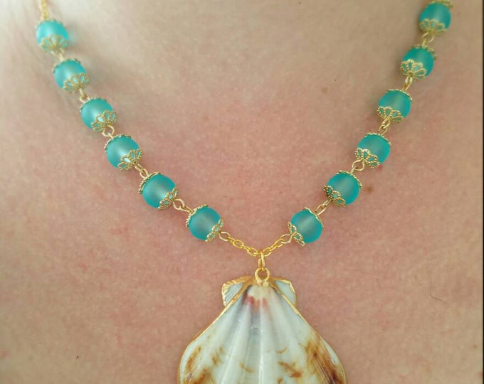 Teal Blue Gold Chain Seashell Mermaid Necklace