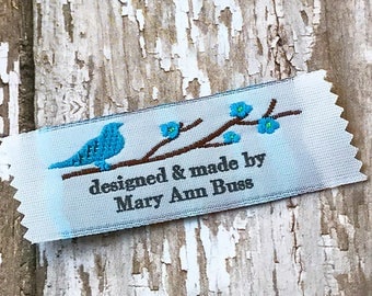 Custom Clothing Labels, Sewing Tags, Knitting Labels 20 Labels Bird on a branch design Imprinted with your own text