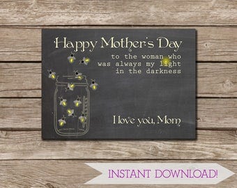 Chalkboard with Fireflies in a Mason Jar Small Mother's Day Card - Instant DIGITAL DOWNLOAD