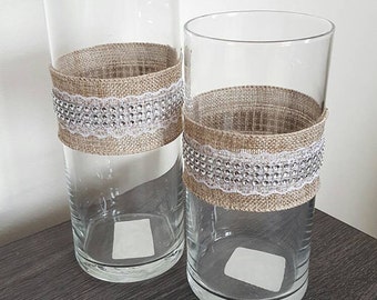 Set of 2 Burlap and Lace Vases with a touch of Rhinestones. Rustic decor, Centerpieces, Party Decoration, Birthday, Bridal Shower