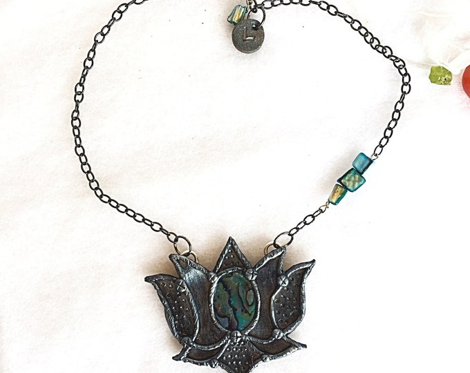 Blue Abalone Shell Healing Lotus Flower Pendant on Gunmetal and Shell Bead Necklace, Healing Crystal Jewelry, Yoga, Peace, Zen
