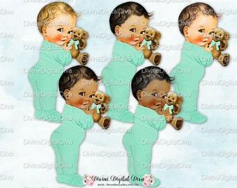 Vintage Baby Mint Green Footie Pajamas & Teddy Bear | Gender Neutral | 4 Skin Tones | Clipart Instant Download