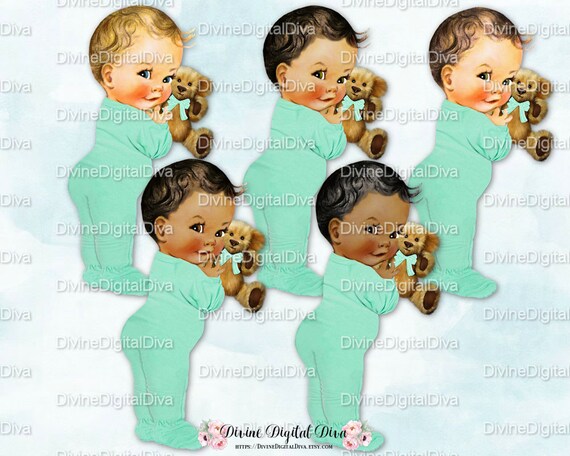 Vintage Baby Mint Green Footie Pajamas & Teddy Bear | Gender Neutral | 4 Skin Tones | Clipart Instant Download