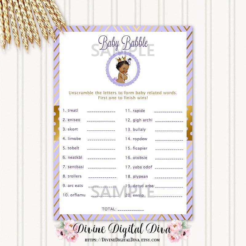 Baby Babble Word Scramble Baby Shower Game Lavender &amp; Gold