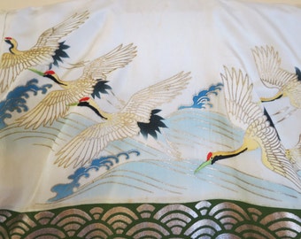 ART KIMONO Japanese BOYS Antique Showa Ceremonial Silk Kimono HandPainted Cranes Tsunami Wave Blue Japanese Miyamairi Cranes Kimono Wall Art