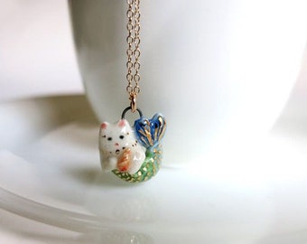 Mermaid Cat Necklace Purrmaid Ceramic Charm Cat Cosplay Cat Lady Tiny Mermaid Necklace Fish Cat Lover Gift Gold Filled Cat in Costume