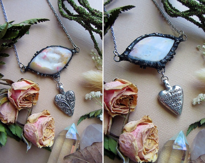Necklace "Happiness" with Druzy Agate and floral heart pendant with proverb "Some pursue happiness, others create it". Custom length chain.