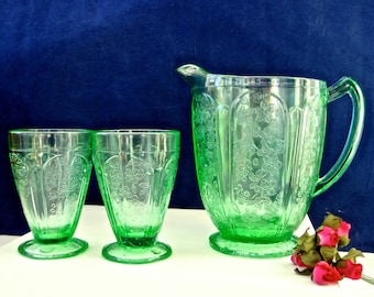 3-Piece Set Green Depression Glass Pitcher and Footed Tumblers • Vintage Iced Tea • Floral Doric Paneled Depression Sandwich Glass