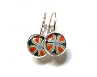 FLOWERS EARRINGS - dangle Earrings - blue, orange - Vintage Earrings - Geometric Earrings - Boho Earrings - Flower pattern Earrings