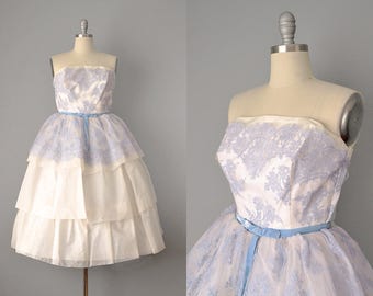 1950s Dress // 1950’s White Organdy and Powder Blue Lace Dress // S-XS