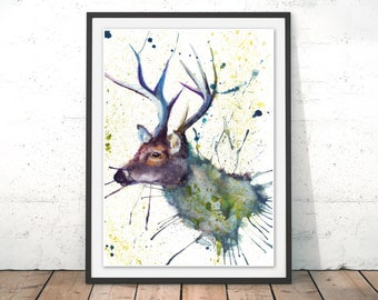 Stag Art Print, Stag Illustration, Stag Painting, Deer Framed Print, Stag Wall Art, Scotland Deer Print Stag Gift Watercolour Stag Print