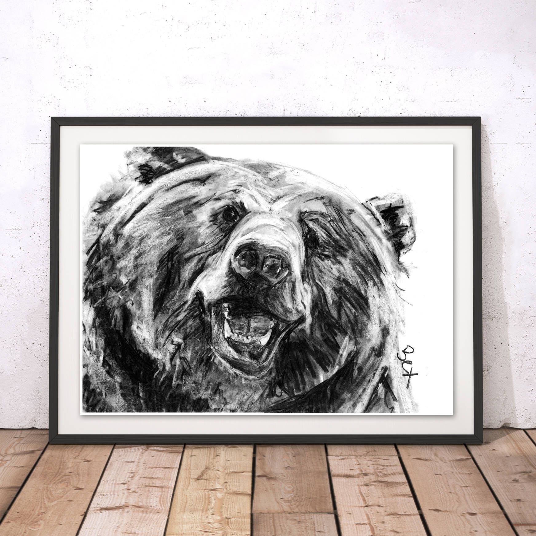 Bear Art Print Grizzly Bear Wall Art Bear Charcoal