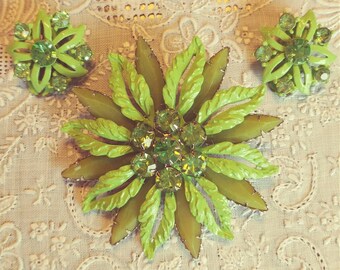 Green Enamel Rhinestone Brooch with Earrings