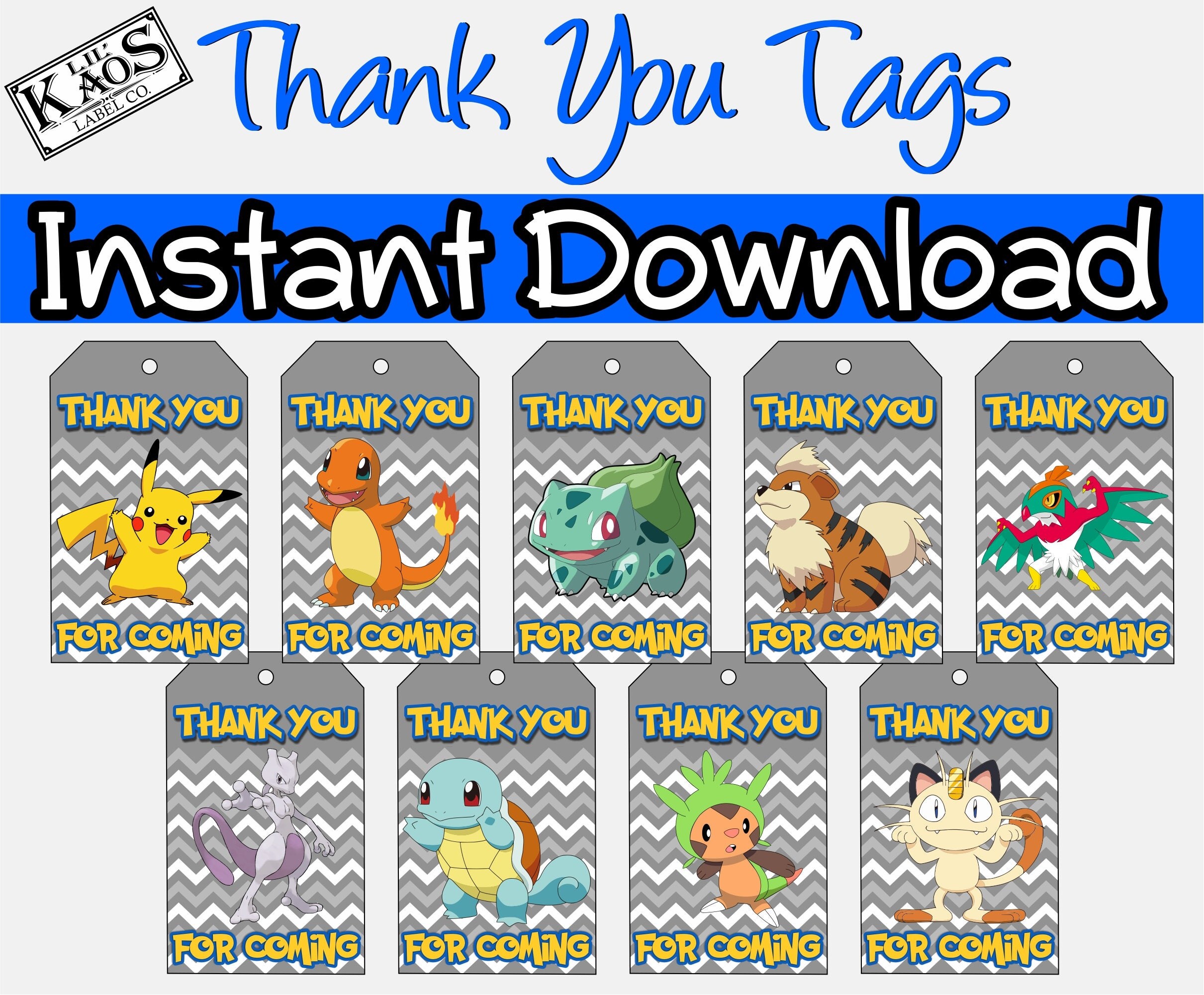 Pokemon Thank You Tags for Birthday Party Favors or Candy