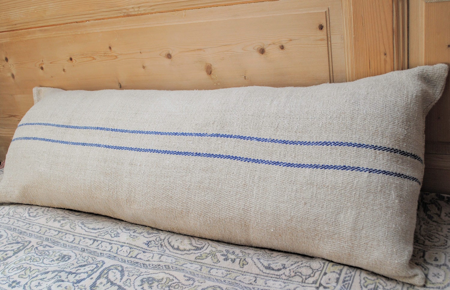 Authentic Grain Sack Body Pillow Sham Blue Stripes / Antique