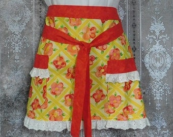 Hostess Apron - Apron with Pockets - Half Apron - Yellow Floral Apron - Lace Trimmed Apron - Ladies Half Apron - Women's Half Apron