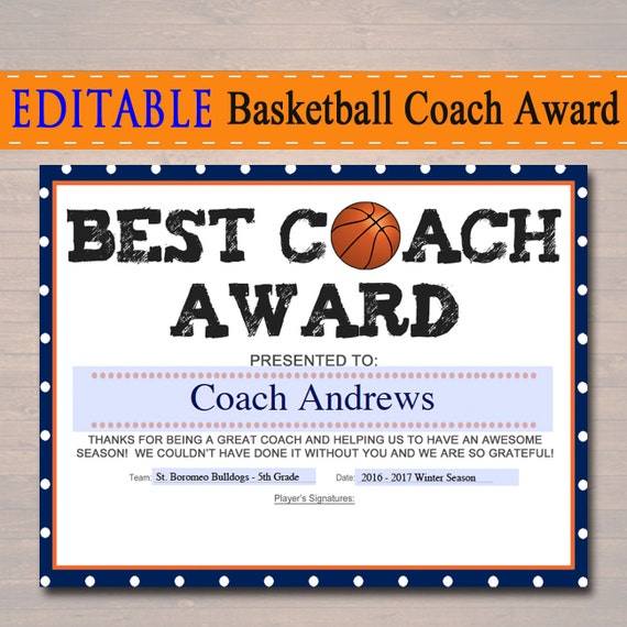 EDITABLE Basketball Coach Award Certificate INSTANT DOWNLOAD