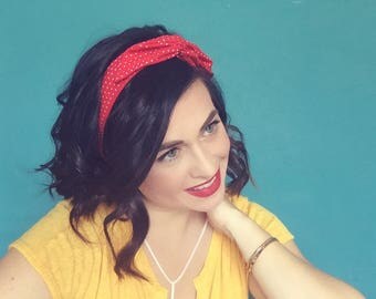Red Polka Dot Headband, Wire Headband, Top Knot Headband, Dolly Bow, Baby Headband, Rosie the Riveter, Boho Headband, Rockabilly Headband