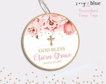 Floral Baptism Favor Tag - Peony Christening Thank You Tags - Round Blush Pink Gold Glitter Bridal Shower Favors - Baby Shower Gift Tags