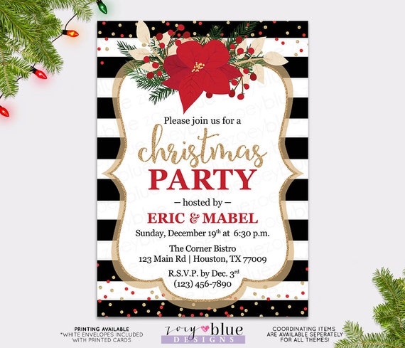 Christmas Party Invitation - Poinsettia Red Gold Holiday Party Invite ...