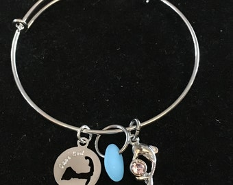 Cape Cod, Seaglass, and Dolphin charm on a Stainless Steel Bracelet