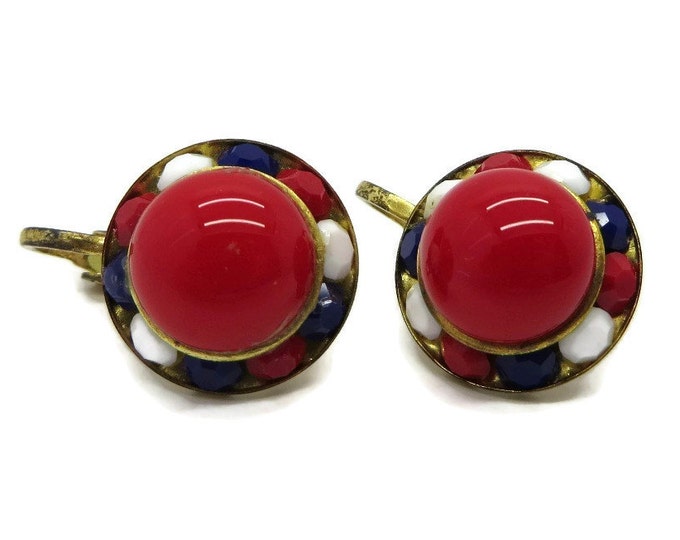 ON SALE Vintage Red White Blue Beaded Earrings, Patriotic Clip-on Earrings
