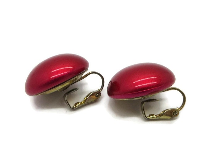 Red Button Shiny Vintage Clip-on Earrings