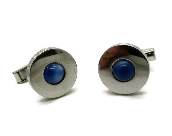 Vintage Pioneer Blue Tiger Eye Silver Tone Cufflinks, Men's Suit Accessory