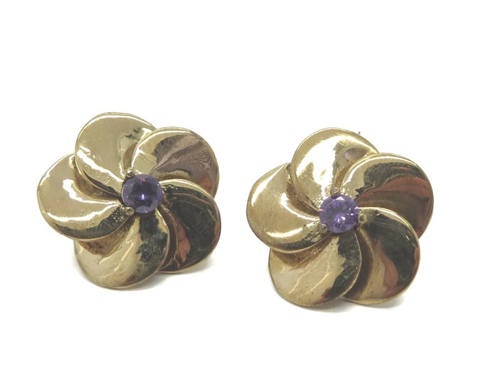 Vintage Sterling Silver Pansy Earrings | Vintage Faux Amethyst Flower Earrings | Huggie Pierced Earrings