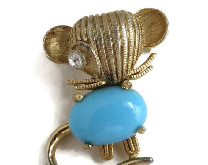 ON SALE! WEISS Mouse Brooch, Vintage Blue Gold Tone Pin Costume Jewelry Estate Gift Idea