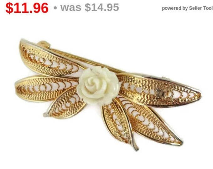 ON SALE! Hobe White Rose Gold Tone Brooch, Vintage Celluloid Rose Flower Pin