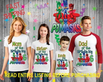 Pj Mask Birthday Shirt Boy FAMILY Dad Mom Brother Age Name Custom Theme Raglan T-shirt Oneise Long Sleeve pj masks