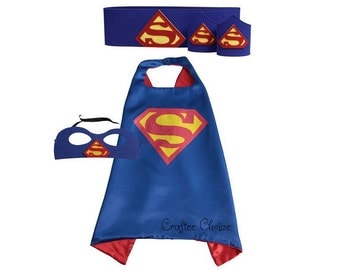 Superman cape, mask, belt and wristband/ superhero/ childrens cape/ costume/party favor/kids/ stocking stuffer