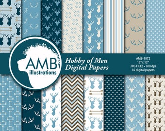 Cabin Chic Antler paper, Deer Digital Papers, masculine paper, Guy hunting pattern, Antler in blue papers,, AMB-1872