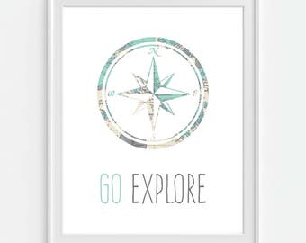 Compass Art Print, Go Explore, Nautical Decor, Vintage Map Art, Travel Wall Decor, Nautical Wall Art, Gift For Friend, Travel Gift
