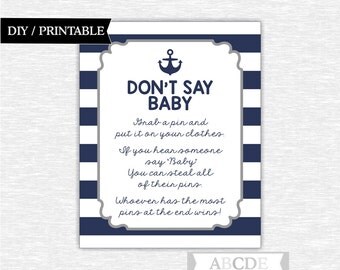 Dont say baby game sign nautical boy baby shower don't say baby game sign printable dont say baby sign (SWN004)