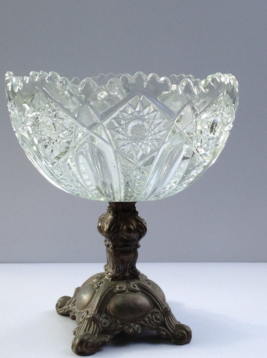 SALE 20 OFF Antique Crystal Cut Glass Bowl with Brass Footed