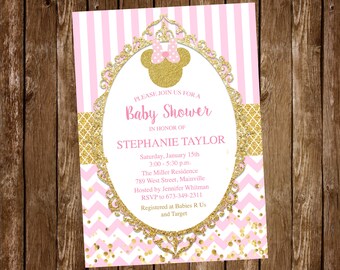 Pink and Gold, Minnie Mouse Baby Shower Invitation - Digital or Printed